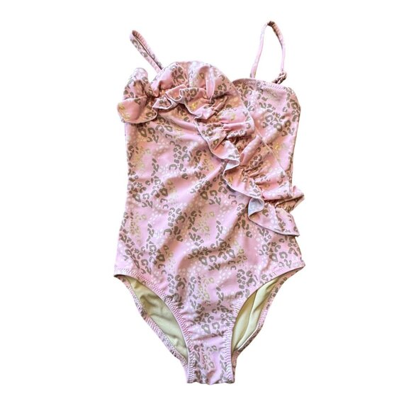 Shade Critters Other - SHADE CRITTERS Leopard Spots Ruffle Swimsuit Girls 7 Pink Asymmetric One Piece